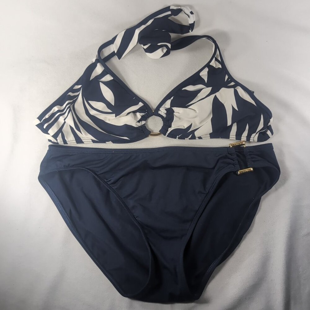 Lauren Ralph Lauren Bikini Set 12 Swim Suit Halter Triangle Navy Blue White Gold
